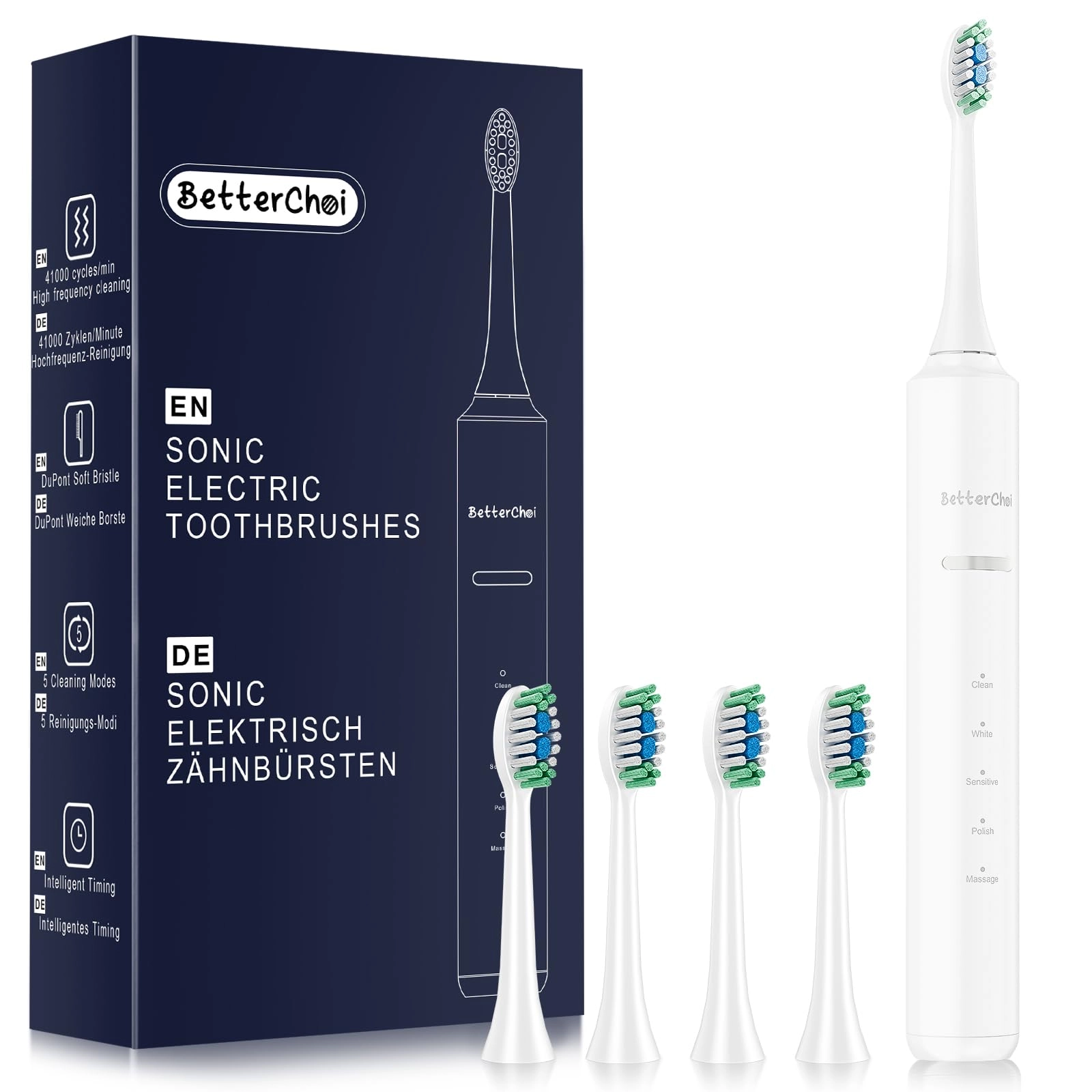 Sonic Electric Toothbrush - 41,000 VPM 1500 mAh 4 Brush Heads