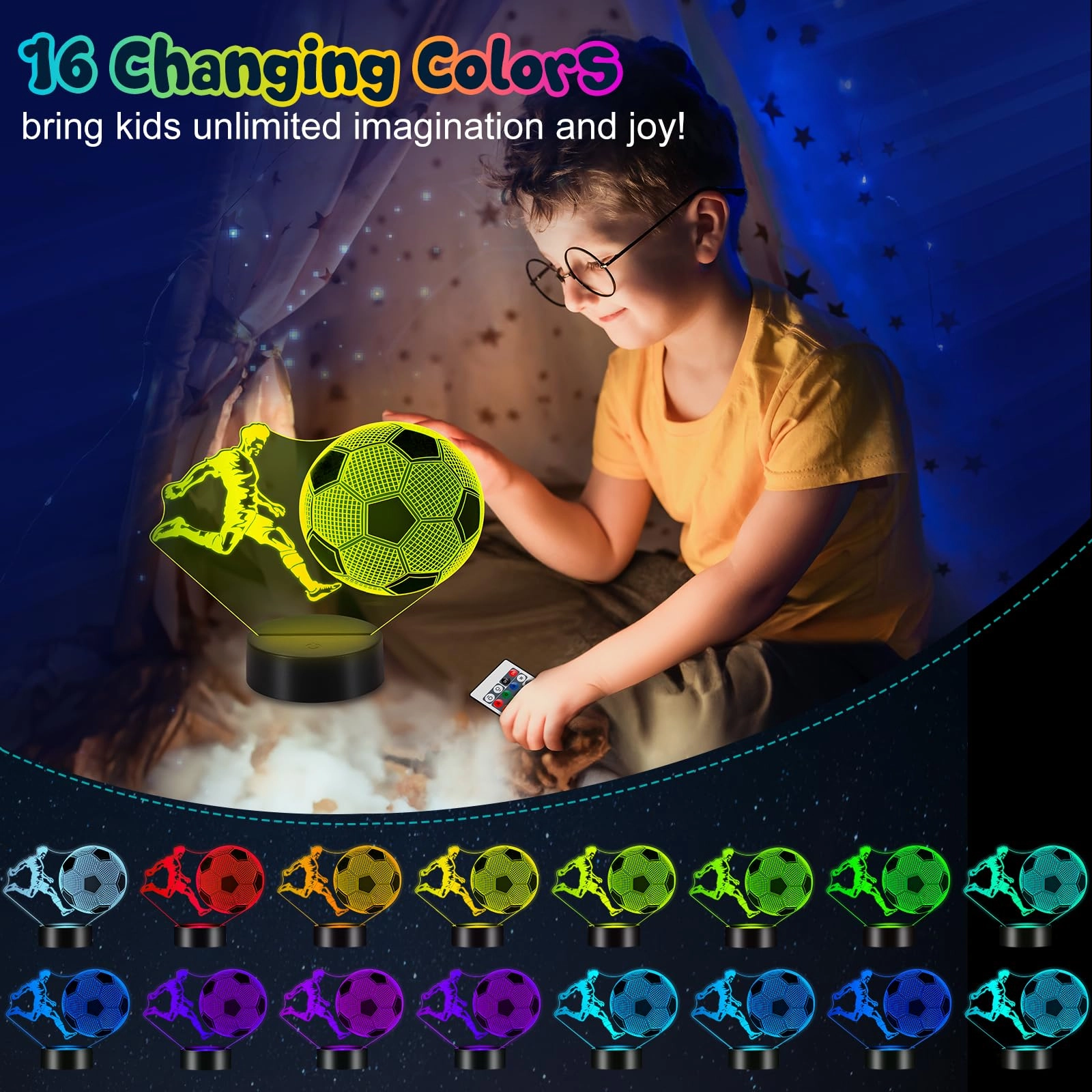 3D Illusion Football Night Light - USB Battery 16 Colors