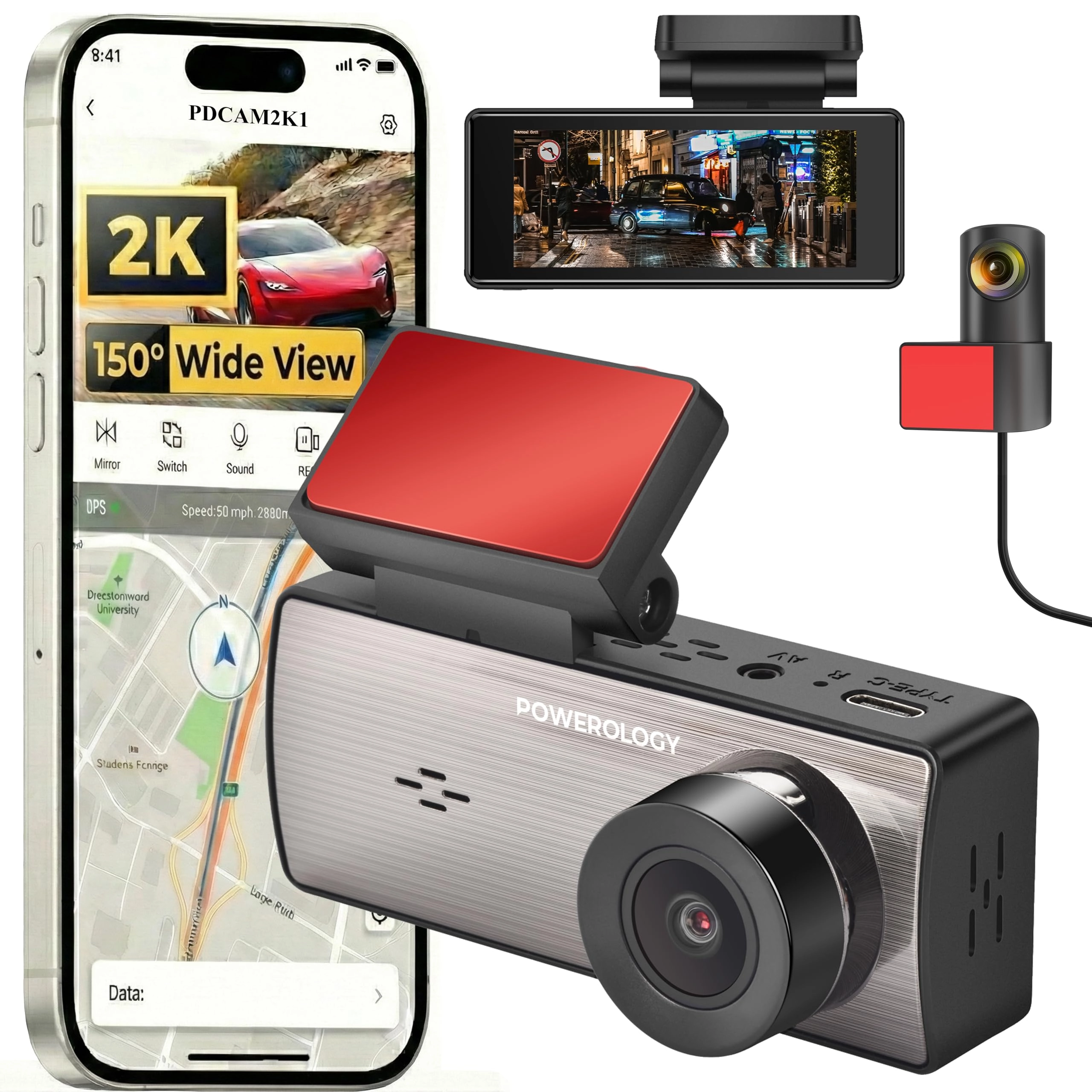 Powerology Dual Recording Dash Camera - 2560x1440