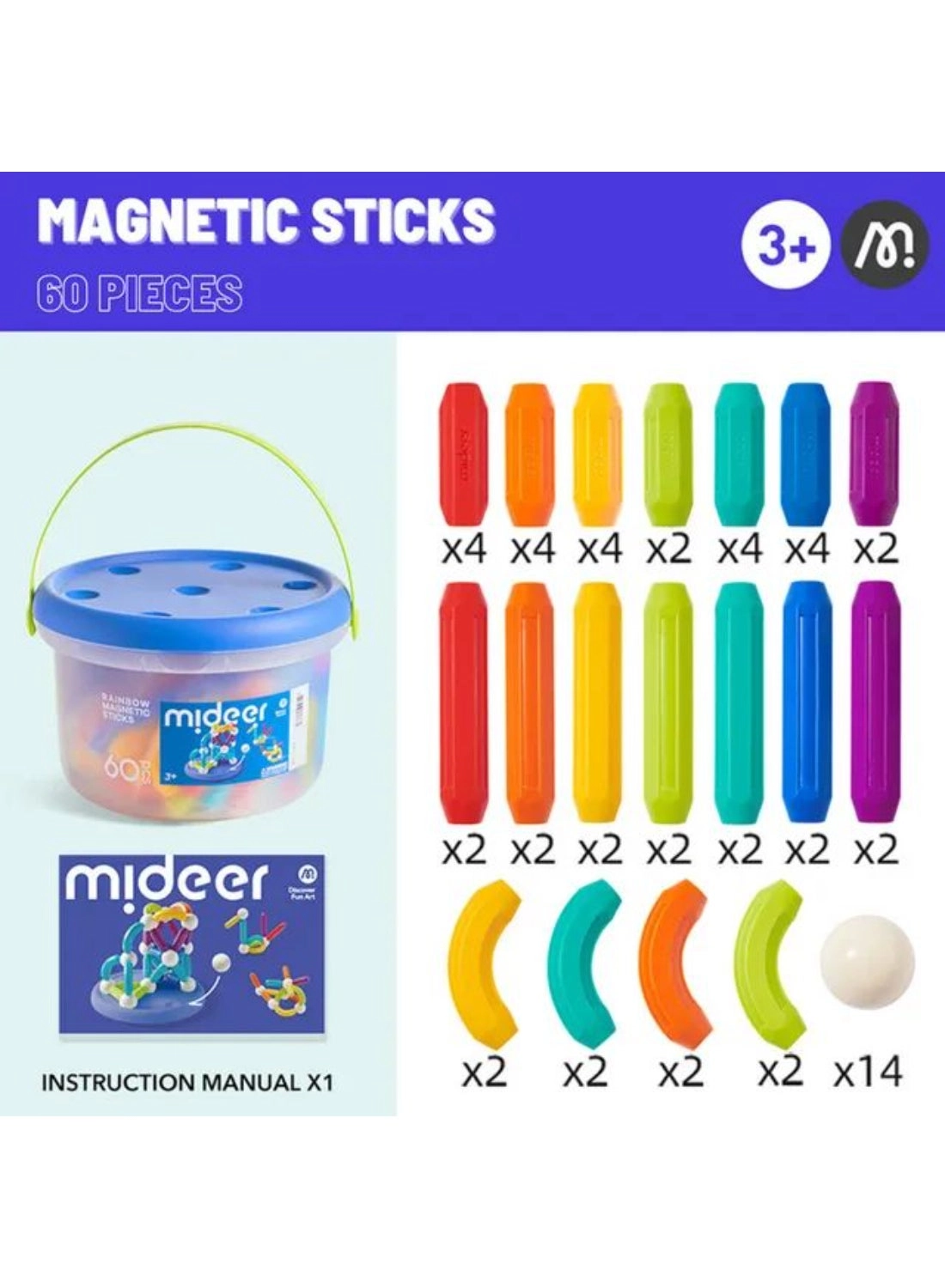 Magnetic Building Sticks - multicolour 60 pcs