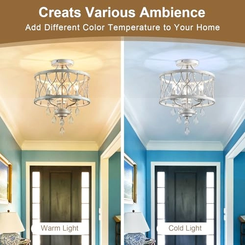 Crystal Ceiling Light Fixture - 3-Light Semi Flush Mount White