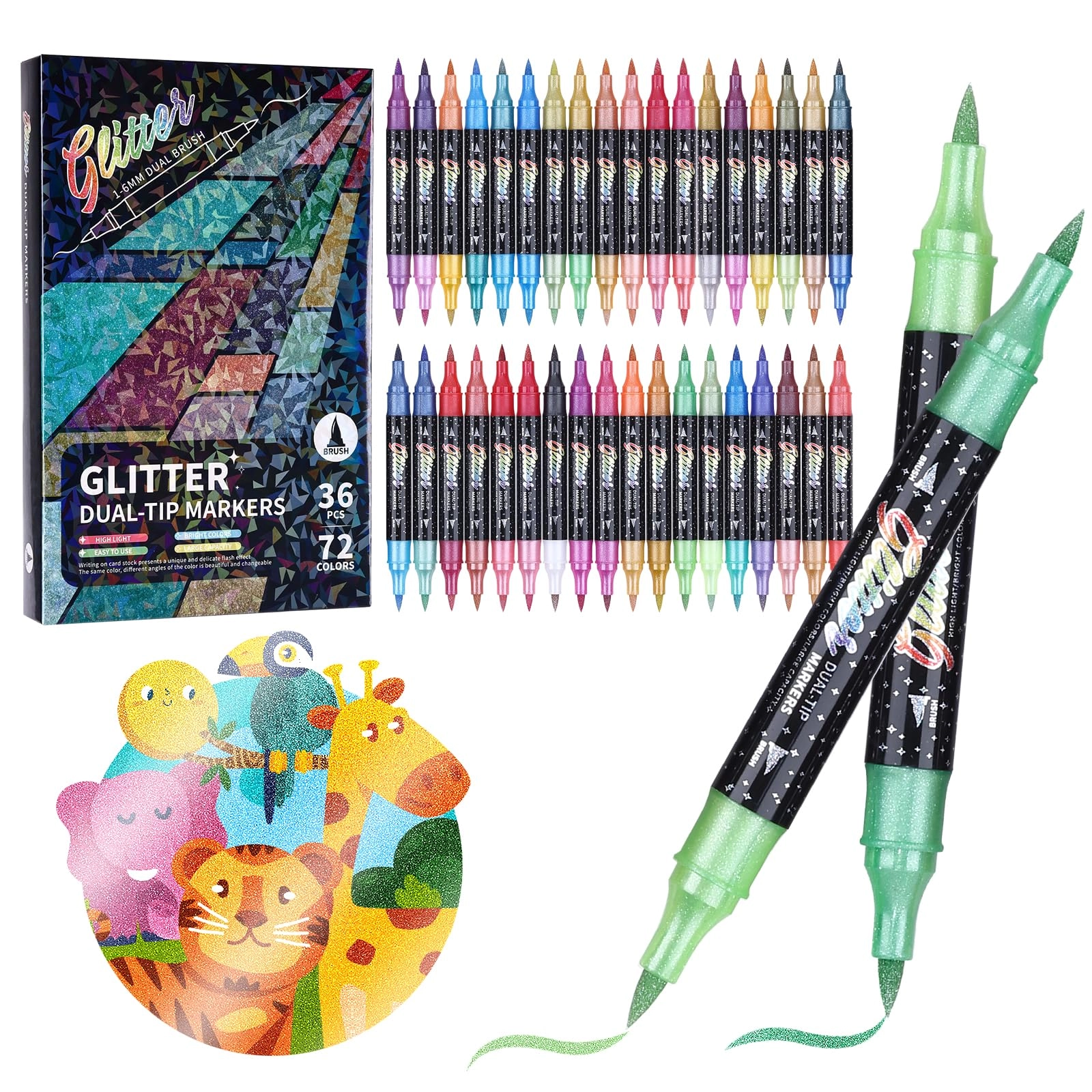 kemyr Glitter Brush Markers - Multicolor Dual-Tip