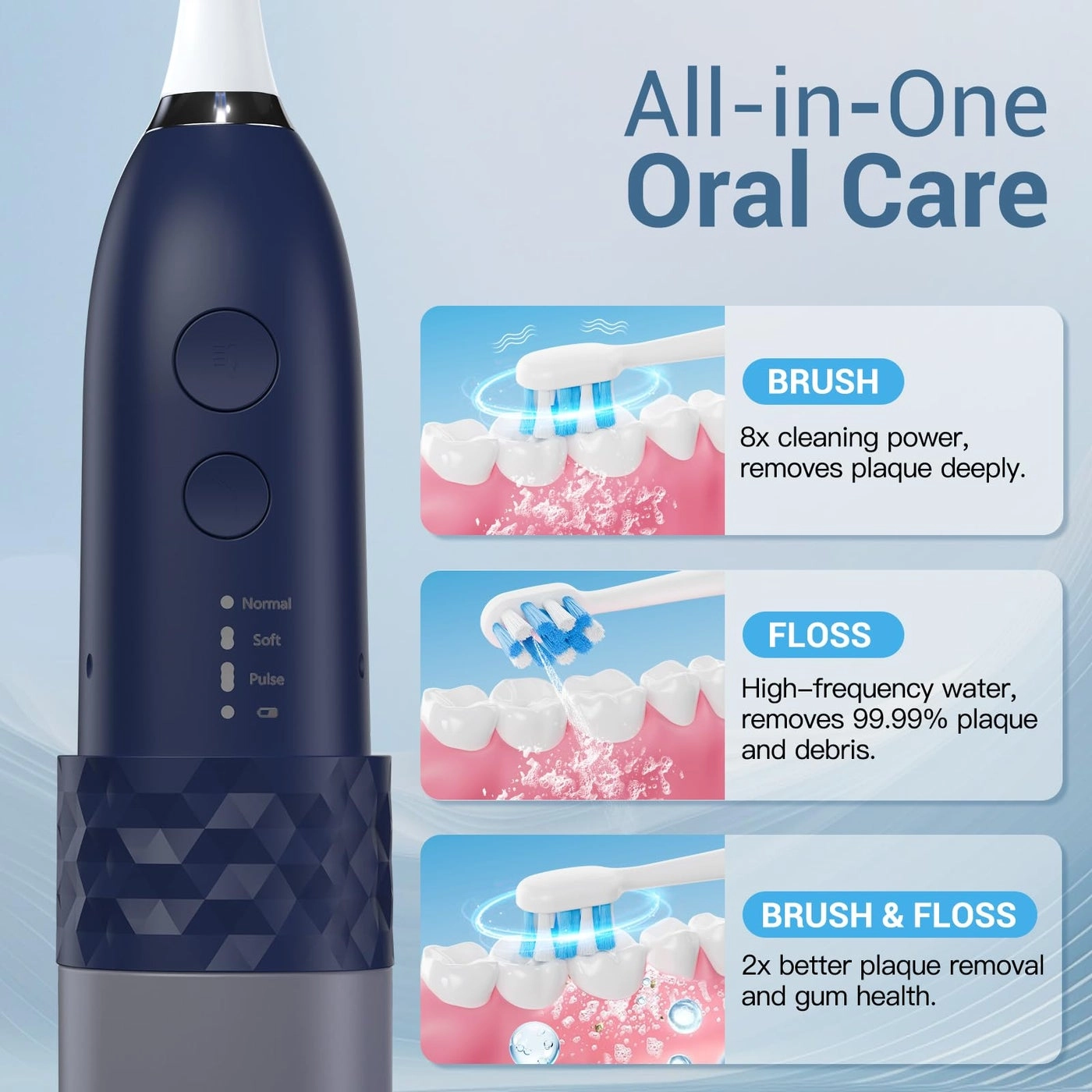 Electric Toothbrush with Water Flosser - 2-in-1 Cordless 3 Brush Heads