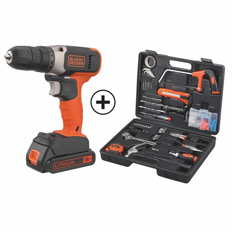 Black & Decker Cordless Power Drill + Battery - 1.5 Ampere-hour 18 V + Tool Set