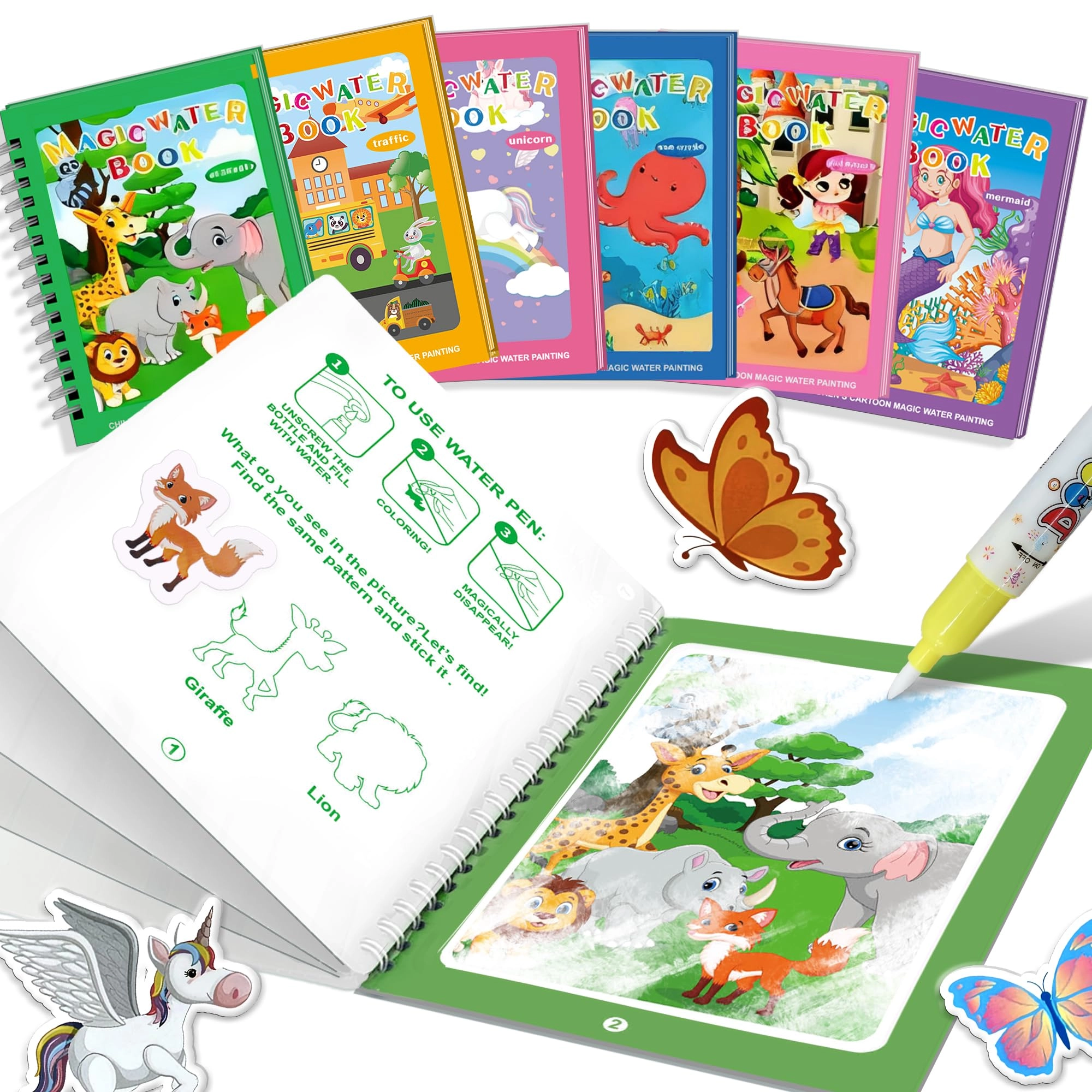 Jining Ruixiang Cultural Art Co.，Ltd Reusable Magic Water Painting Book - 6 piece(s) 6 Refillable Water Pens, 6 Reusable Water Coloring Books