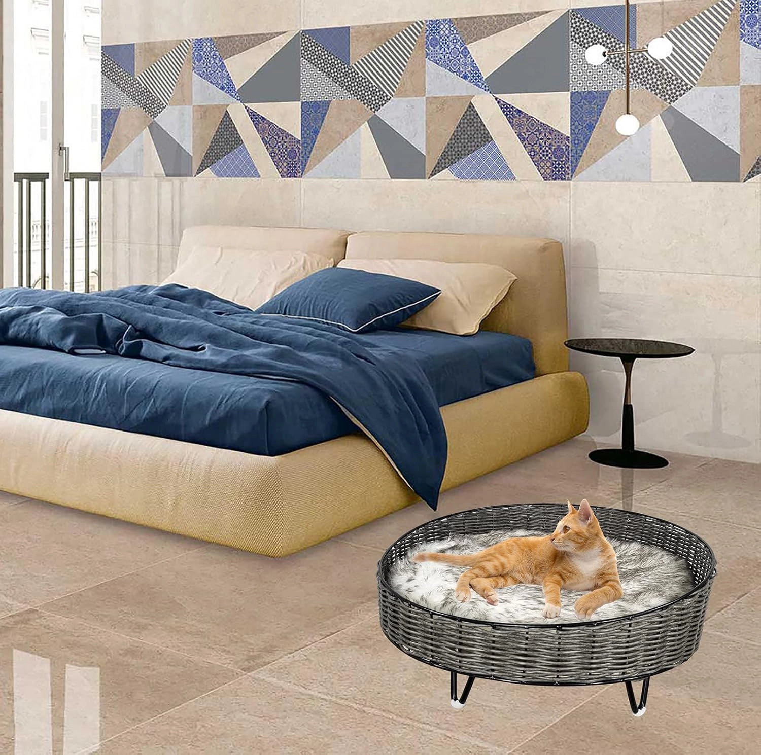 Handwoven rattan pet calming bed - double polyester