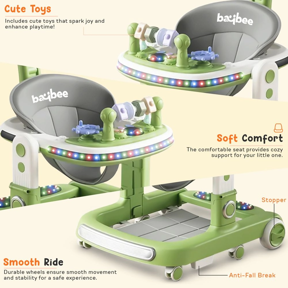 2-In-1 Push Baby Walker - Green 3-Height Adjustable