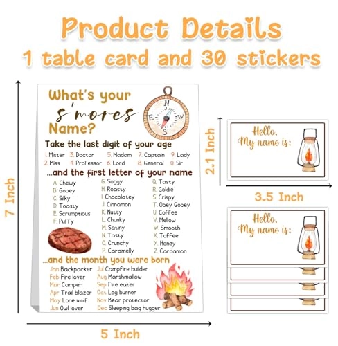 What's Your S'Mores Name Game - 1 double-sided printed sign and 30 stickers Birthday