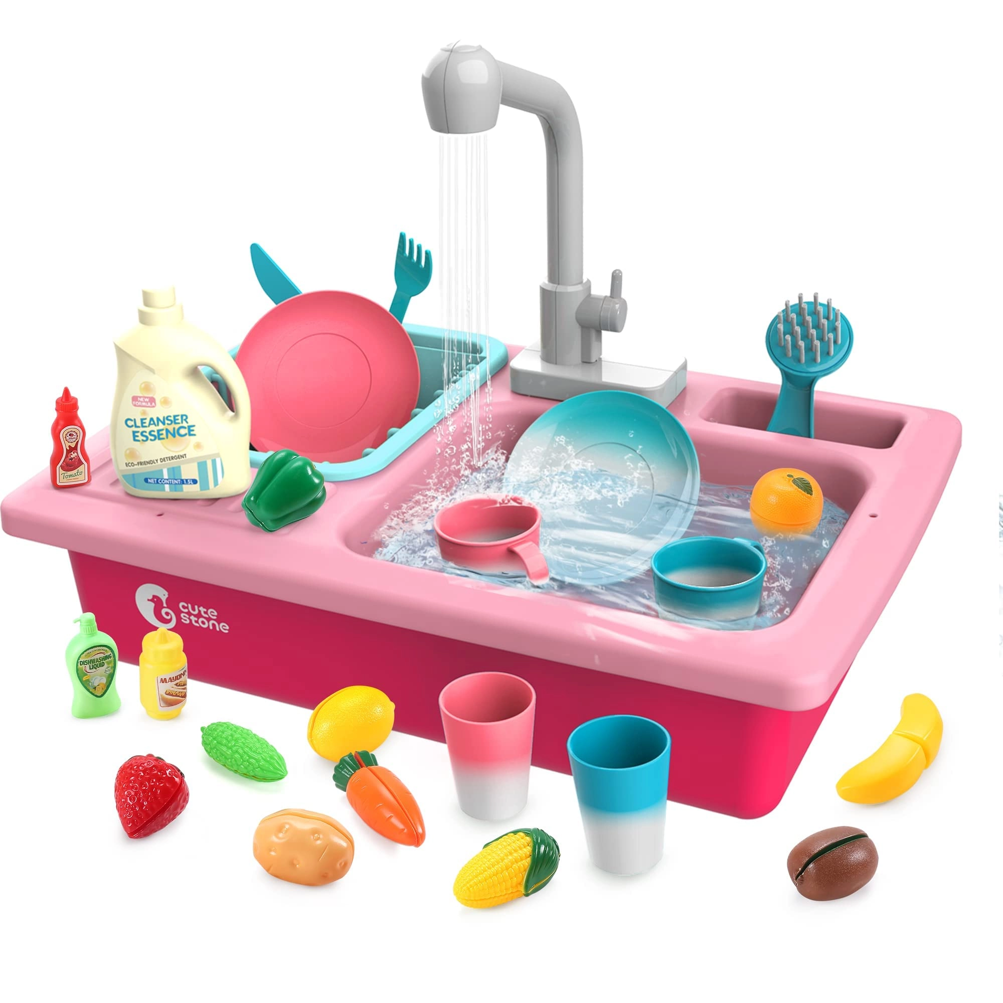 CUTE STONE Color Changing Play Kitchen Sink - Electric Dishwasher Running Water