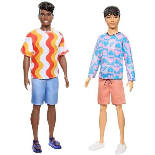 Barbie Fashionistas Ken Doll - Slender Body Removable Long-Sleeve Pink & Blue Patterned Shirt Pink Shorts Ages 3+