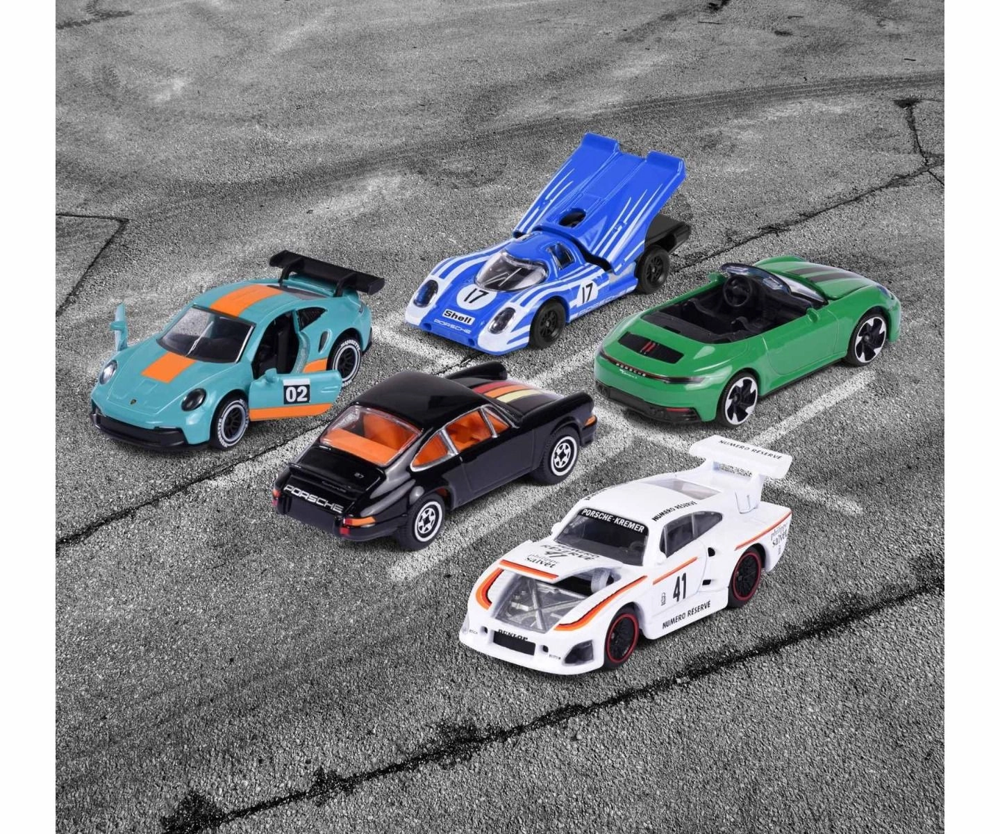 Porsche 917 + Porsche 911 Carrera RS 2.7 + Porsche 911 Carrera S Cabriolet + Porsche 935 K3 + Porsche 911 GT3 Cup (992) - 1:64 5pcs