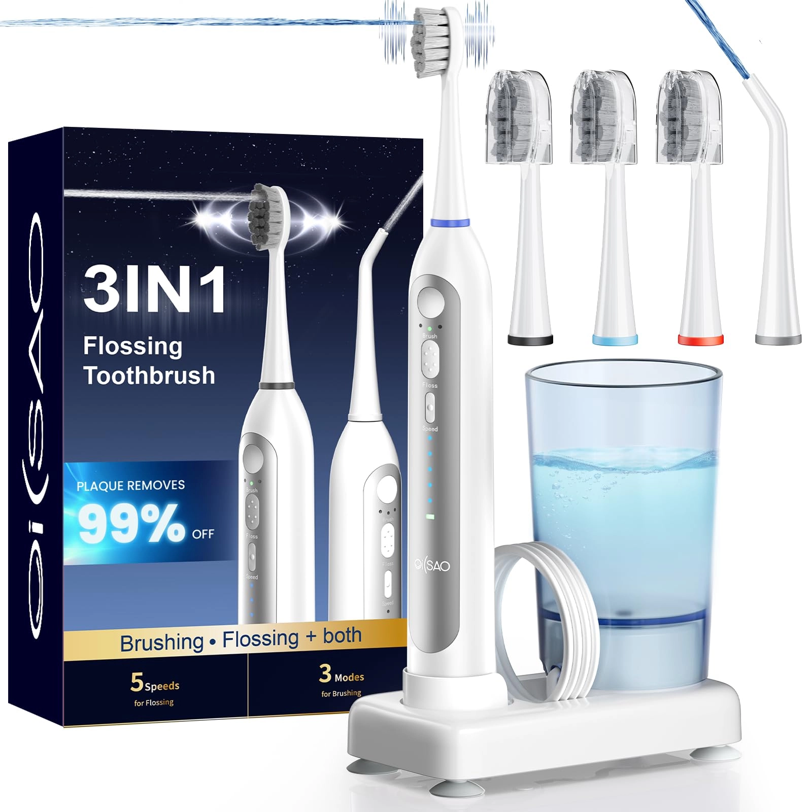 OILSAO Electric Toothbrush with Water Flosser - 5 Brush Modes 3 Flossing Speeds 500ML Rechargeable