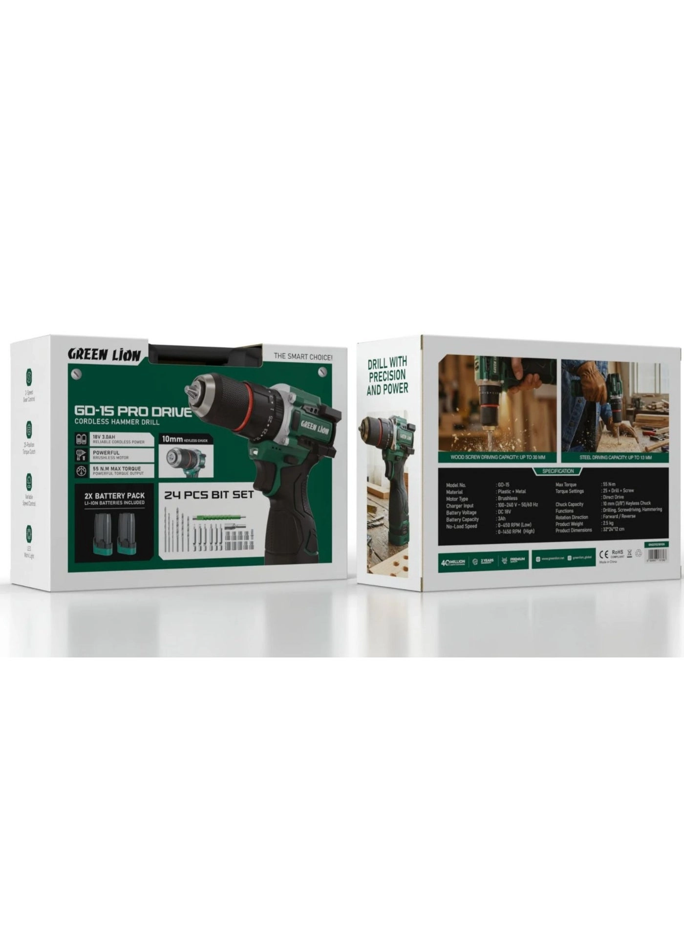 GREEN LION GD-15 Pro Drive - 18V Brushless Motor 2X Li-ion Batteries