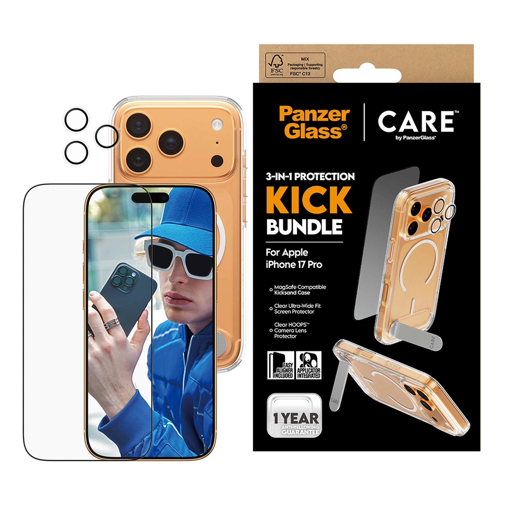 PanzerGlass Screen Protector - for iPhone 17 Pro + Back Cover - Kickstand + Lens Protector