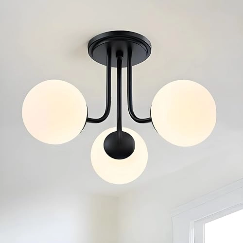 Modern Metal Ceiling Light Hanging Lamp - 3 Light Glass White Globes Golden