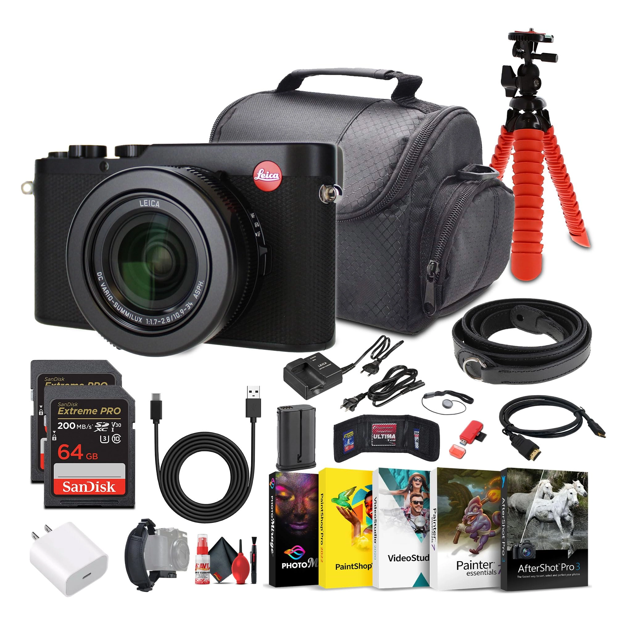 Leica D-Lux 8 + 64GB Memory Card + Photography Software + Camera Bag + Flexible Tripod + Cleaning Kit + USB-C Cable + USB-C Adapter