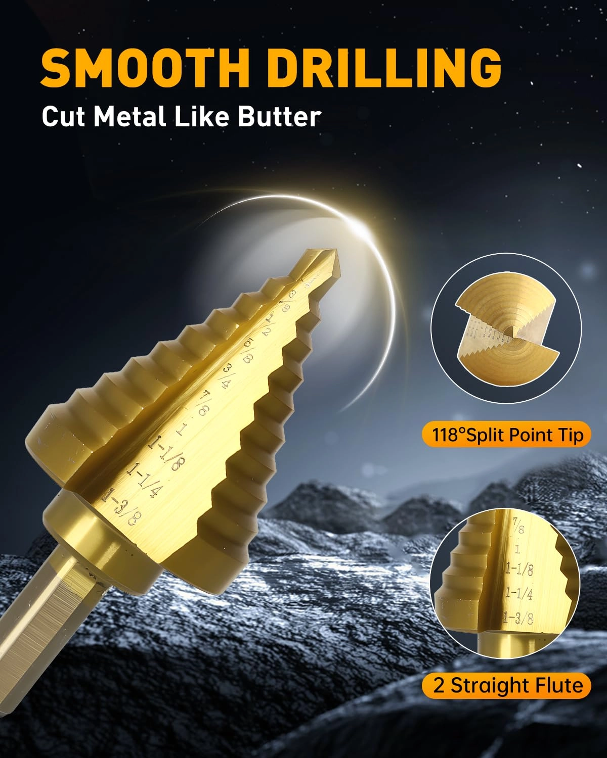 Step Drill Bit - Titanium Coated Total 10 Sizes from 1/4" to 1-3/8"