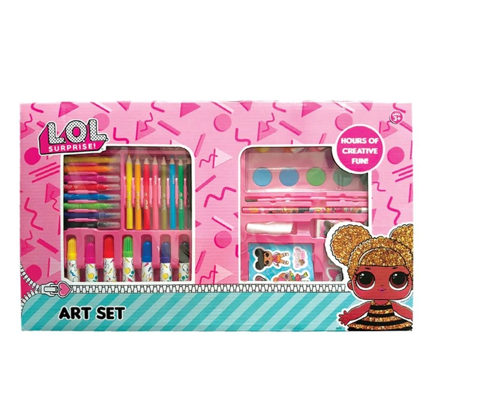 Art Set - 8 colored pencils 1 pencil 8 markers 1 eraser 8 mini markers 10 watercolors 1 ruler 1 sharpener 2 stickers 1 watercolor brush