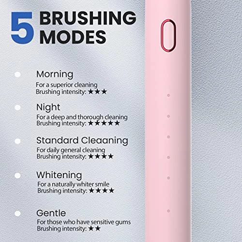 Sonic Tooth Brush - 5 Brushing Modes 4 Replaceable Brush Heads Pink