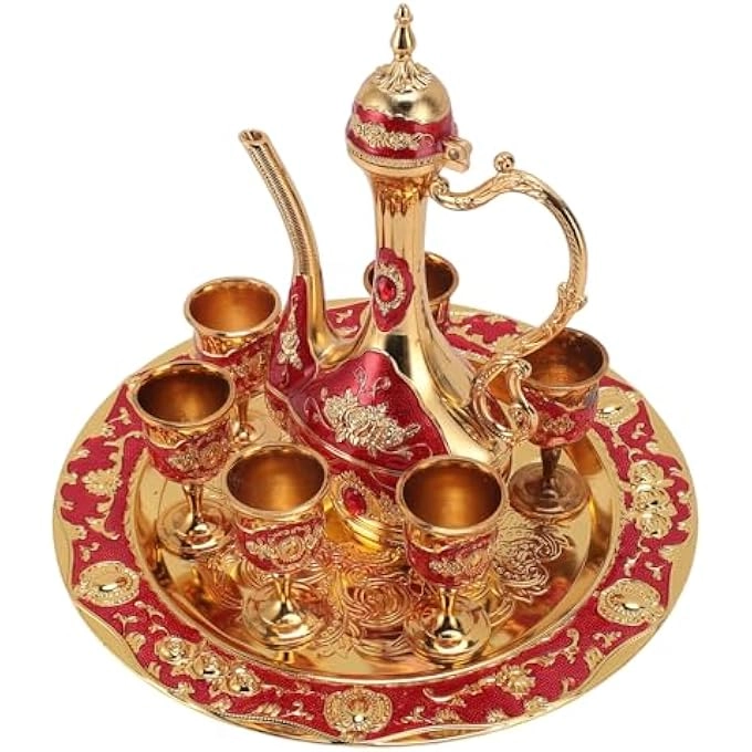 Turkish Coffee Pot - Metal + Coffee Cups - 6 + Tea Tray