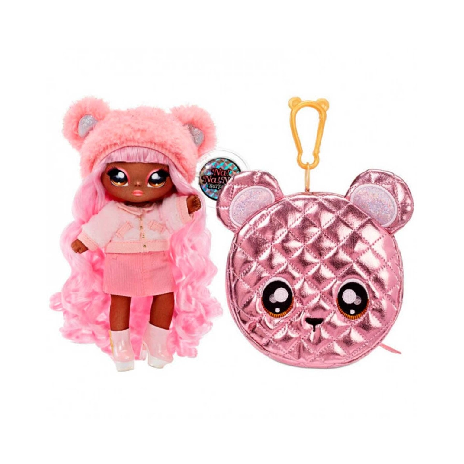 Na! Na! Na! Surprise Cali Grizzly Fashion Doll - 7.5" Pink Hair + Bear Purse - Metallic