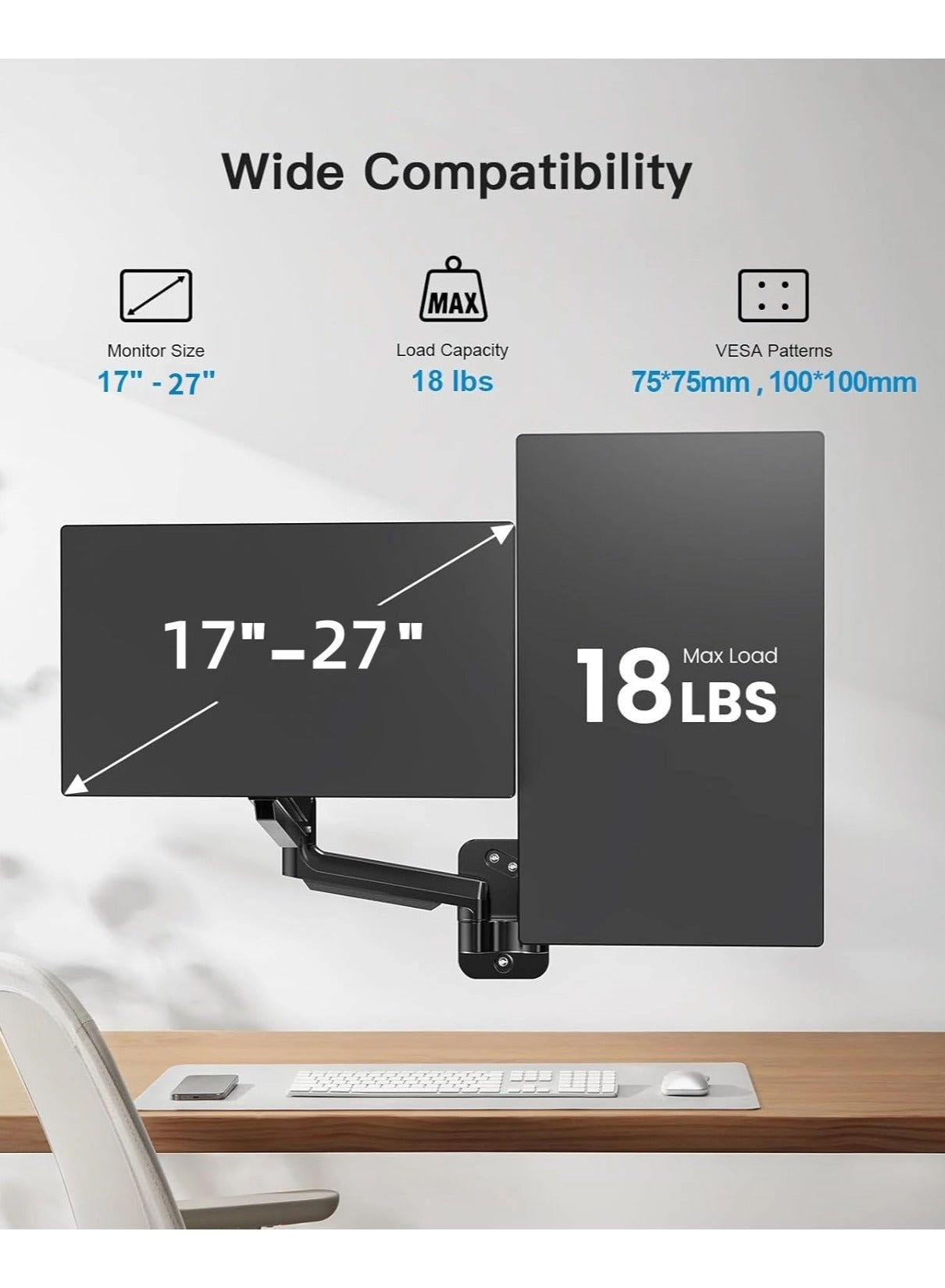 Dual Monitor Wall Mount - 2 arms 27 inch 100x100mm