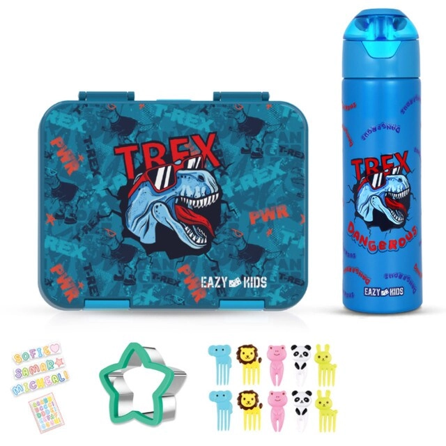 SAM BOX FZE 6 & 4 Convertible Bento Lunch Box + 640ml Water Bottle + Sandwich Cutter Set - TREX Blue