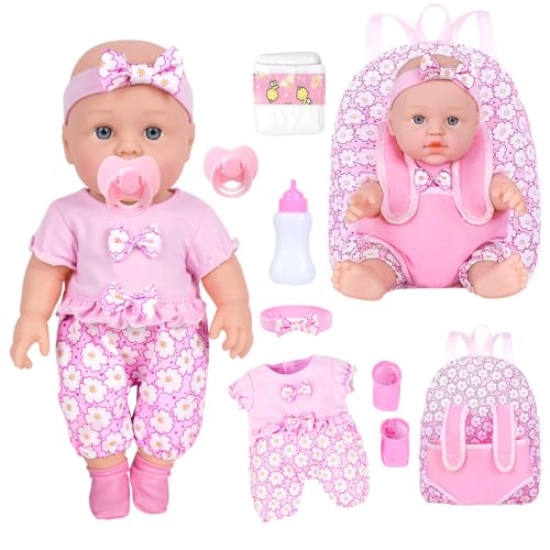 Reborn Baby Doll - 12 Inch + Baby Doll Clothes + Backpack Carrier - Pink Flower Pattern + Nipple + Feeding Bottle + Diaper Ages 3+