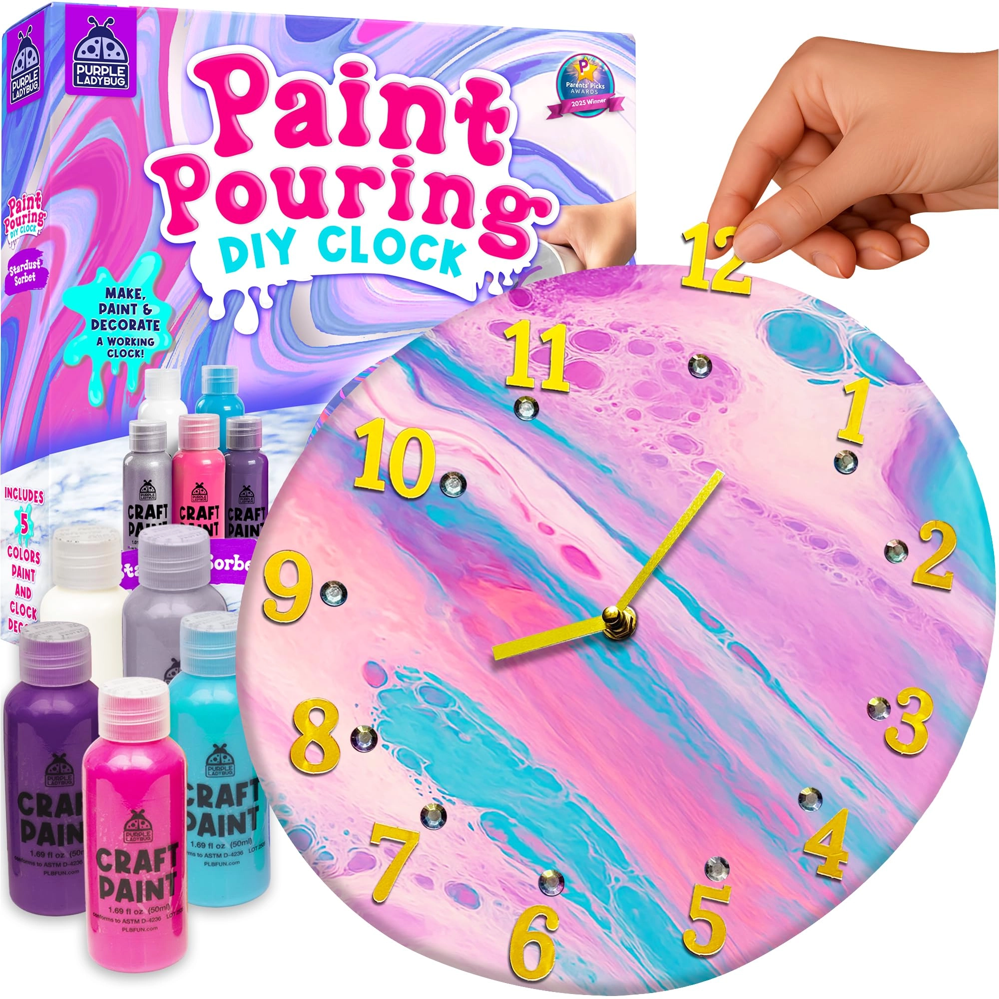purple ladybug Paint Pouring DIY Clock Kit - 21 pieces