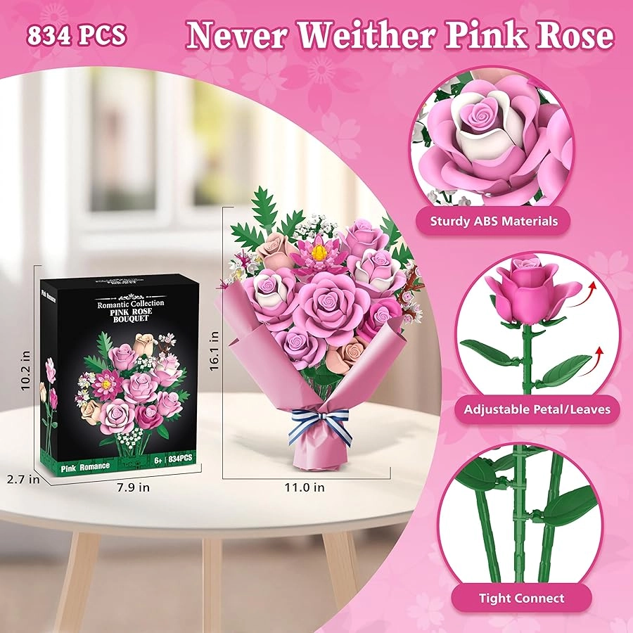Pink Rose Bouquet Flowers Building Set - 834 pcs