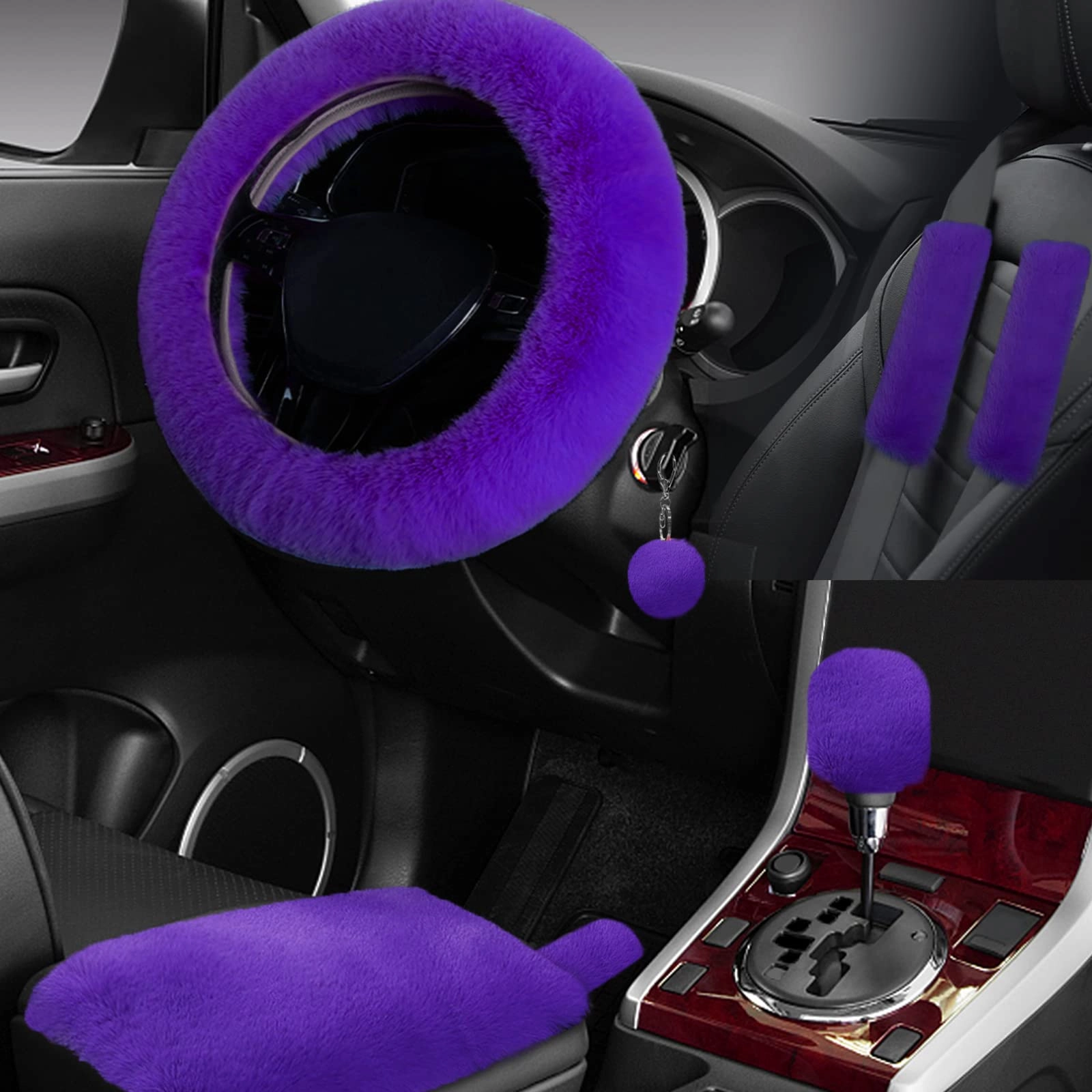 wazzh 7PCS Set car Interior Aesthetic Accessories - Fluffy 15 inch Black