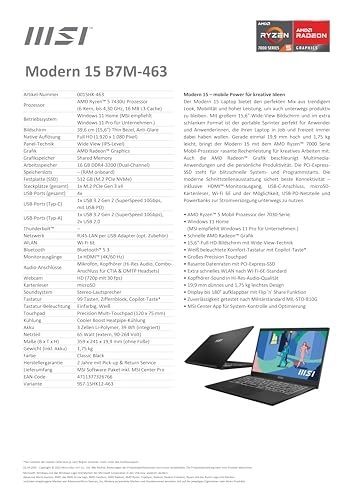 Modern 15 B7M-463 - 15.6'' Ryzen 5-7430U 16GB DDR4 512GB SSD