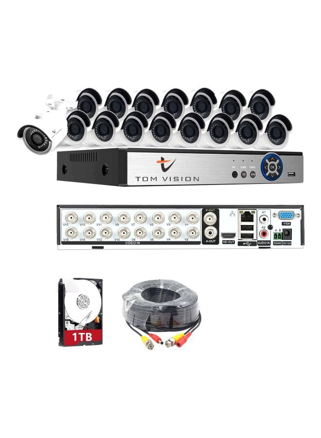TOMVISION Bullet Camera - 16x 1920 X 1080 + DVR - 16 channels + BNC Cable + HDD - 1000 gigabyte