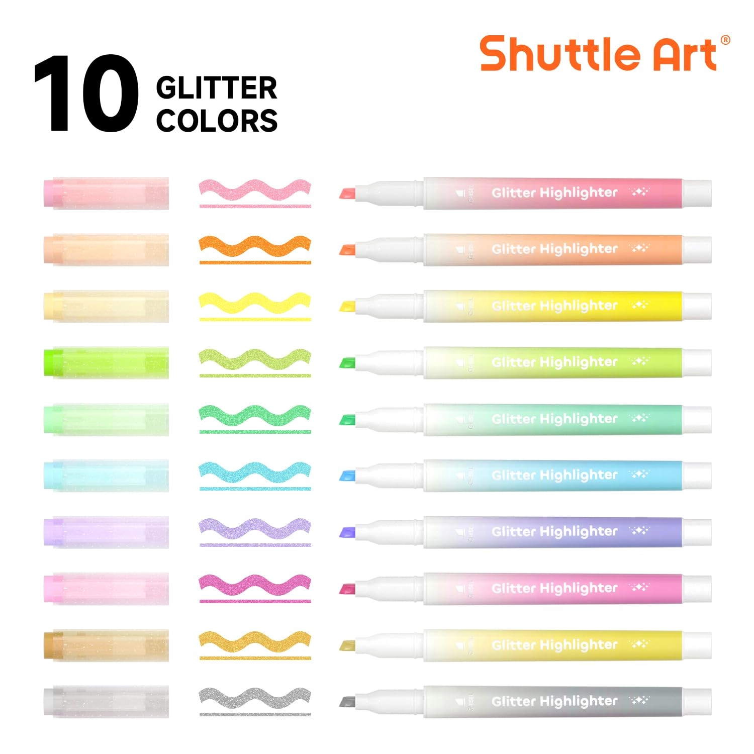 Glitter Highlighters - 10 Sparkle Colours Chisel Tip