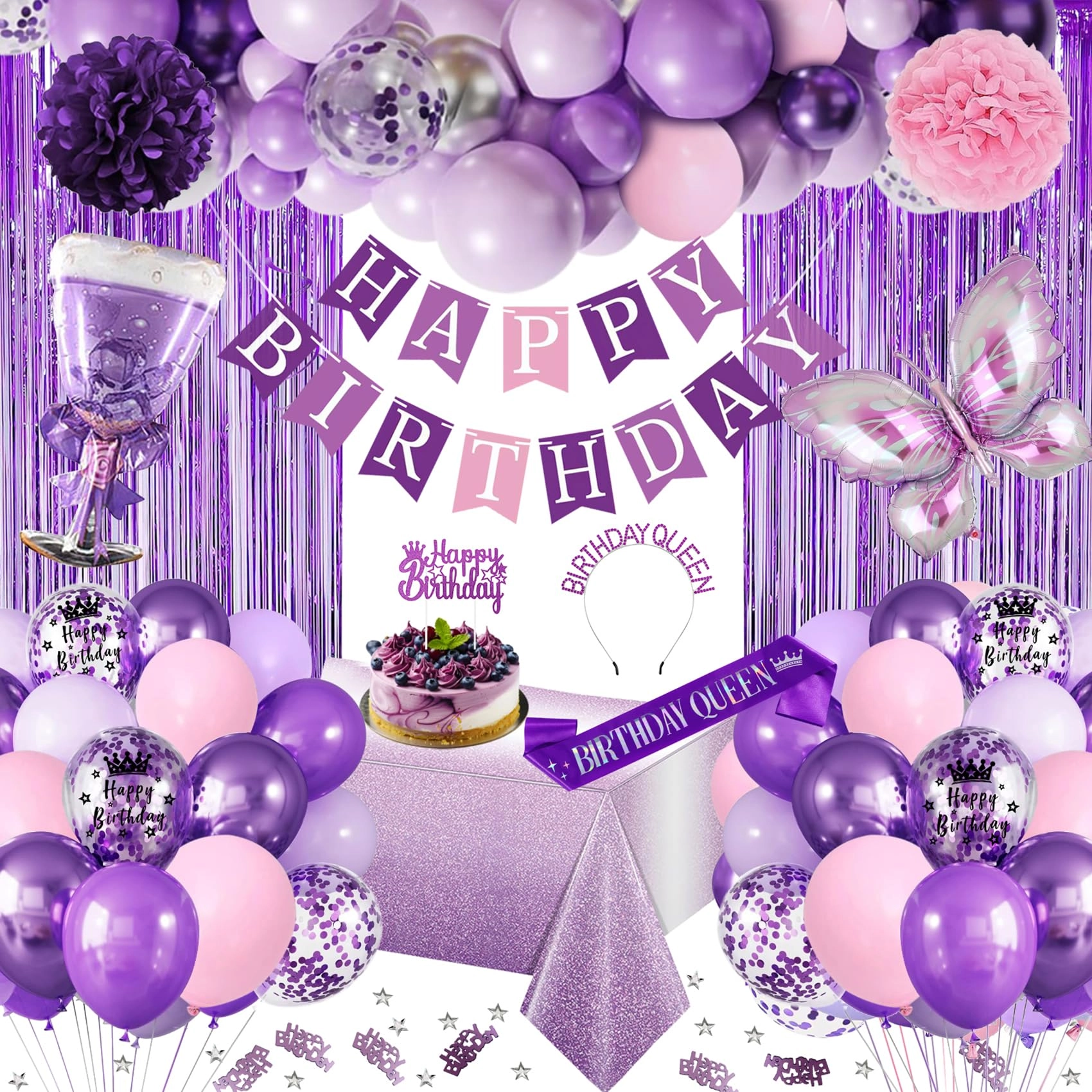 WEQTWL Happy Birthday Banner + Latex Confetti Balloons + 3D Butterfly + Fringe Curtain + Tablecloth + Sash Tiara Crown + Pom Poms - Birthday