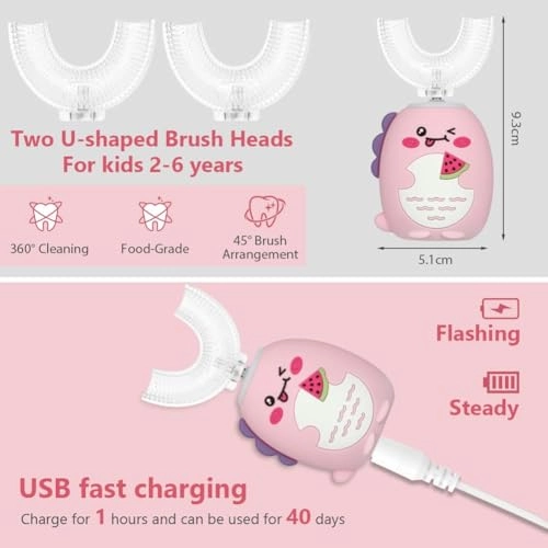 U-Shaped Children's Electric Toothbrush - 2 Brush Heads 3 Modes IPX7 Waterproof