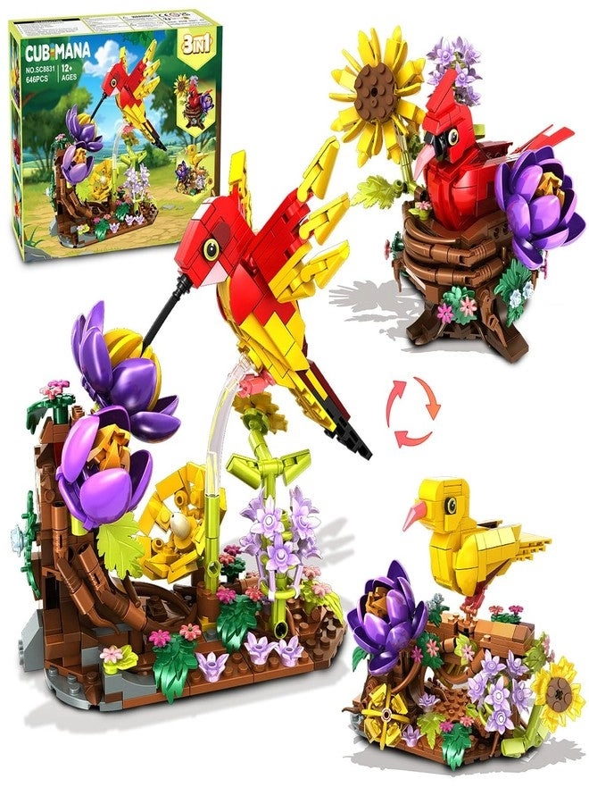 CUBIMANA 3 in 1 Bird's Nest Building Toy - Flowers Birdhouse Cardinal Hummingbird Canary 646 pcs