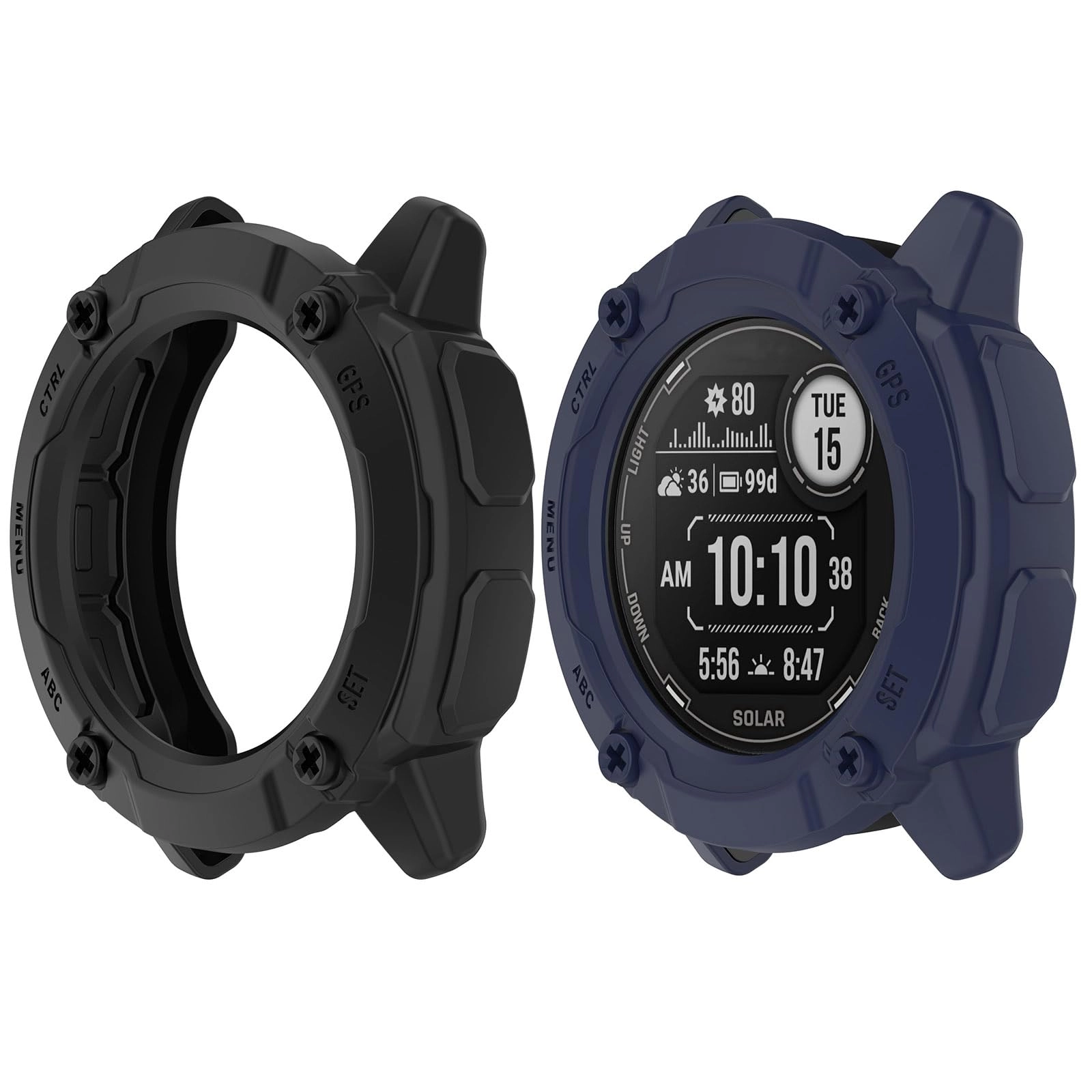 HUAYUWA Bumper Case for Garmin Instinct 2X Solar 50mm - Shockproof Shatter-resistant Black+Blue TPU 2-Pack