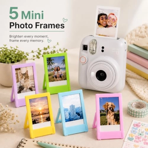 Camera Case - Clay White + Instax Mini Film 20 Shot + Mini Photo Album - 64 Pocket + Hanging Photo Display + Mini Desktop Photo Frames - 5 + Magnetic Fridge Photo Frames - 5 + Decorative Photo Border Stickers - 60