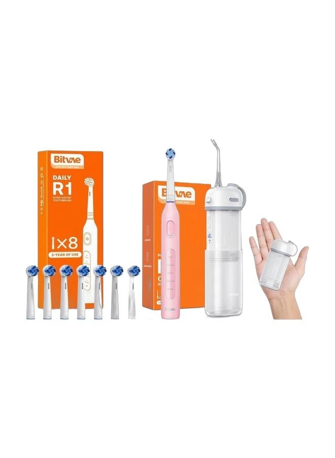R1 - Rotary Electric Toothbrush + Portable Water Flosser + P1 - Mini Dental Floss and Water Floss Pick + Cordless Telescopic Tank Oral Irrigator + Waterproof Cleaner - IPX7 + Travel Tooth Brush Companion