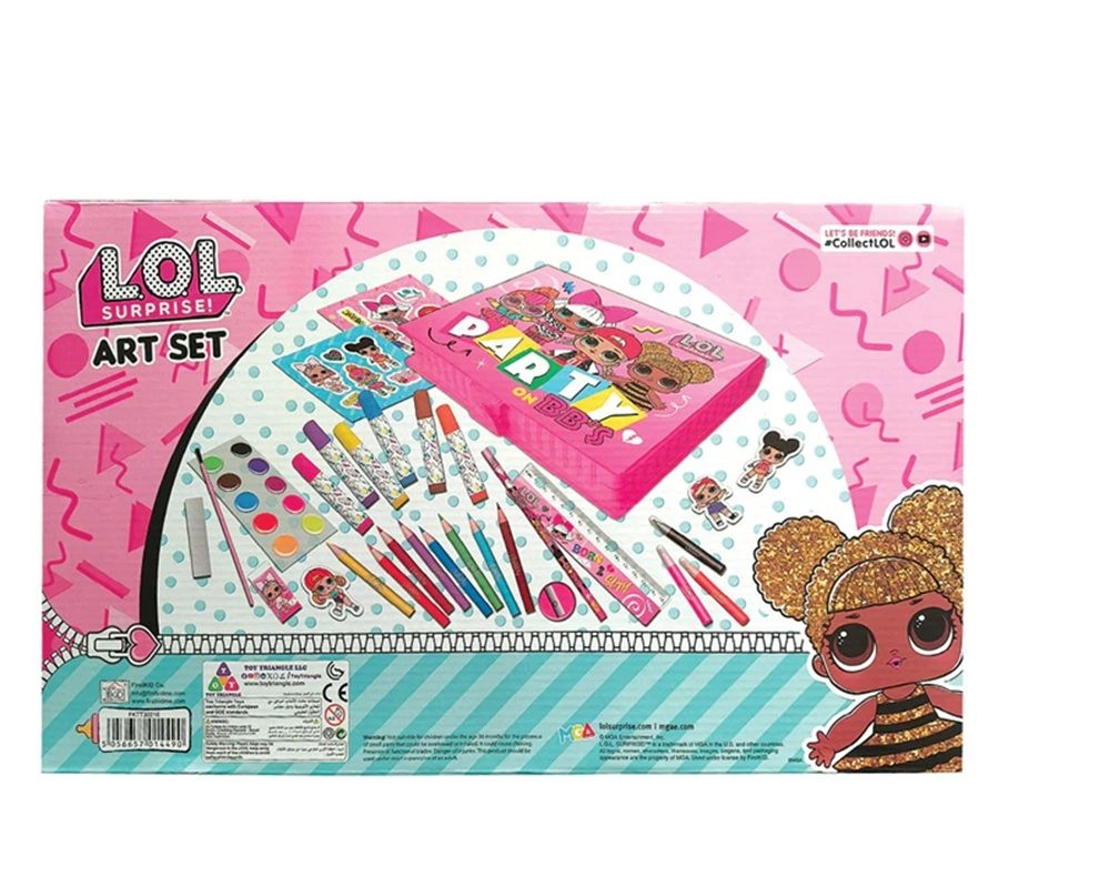 Art Set - 8 colored pencils 1 pencil 8 markers 1 eraser 8 mini markers 10 watercolors 1 ruler 1 sharpener 2 stickers 1 watercolor brush