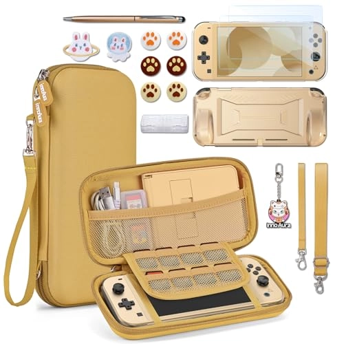 Switch Lite Carrying Case + Case Protector + Tempered Glass Screen Protector + Thumb Grips + Game Card Holder + Embroidery Sticker + Pendant + Stylus + Shoulder Strap + Wristband + Sticker - 18 in 1 Brown