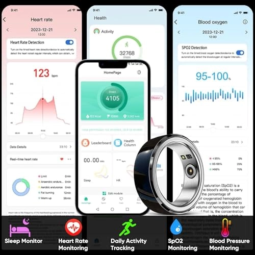 Smart Ring Health Tracker - IPX8 Waterproof Heart Rate Blood Oxygen 7 Days Battery Life