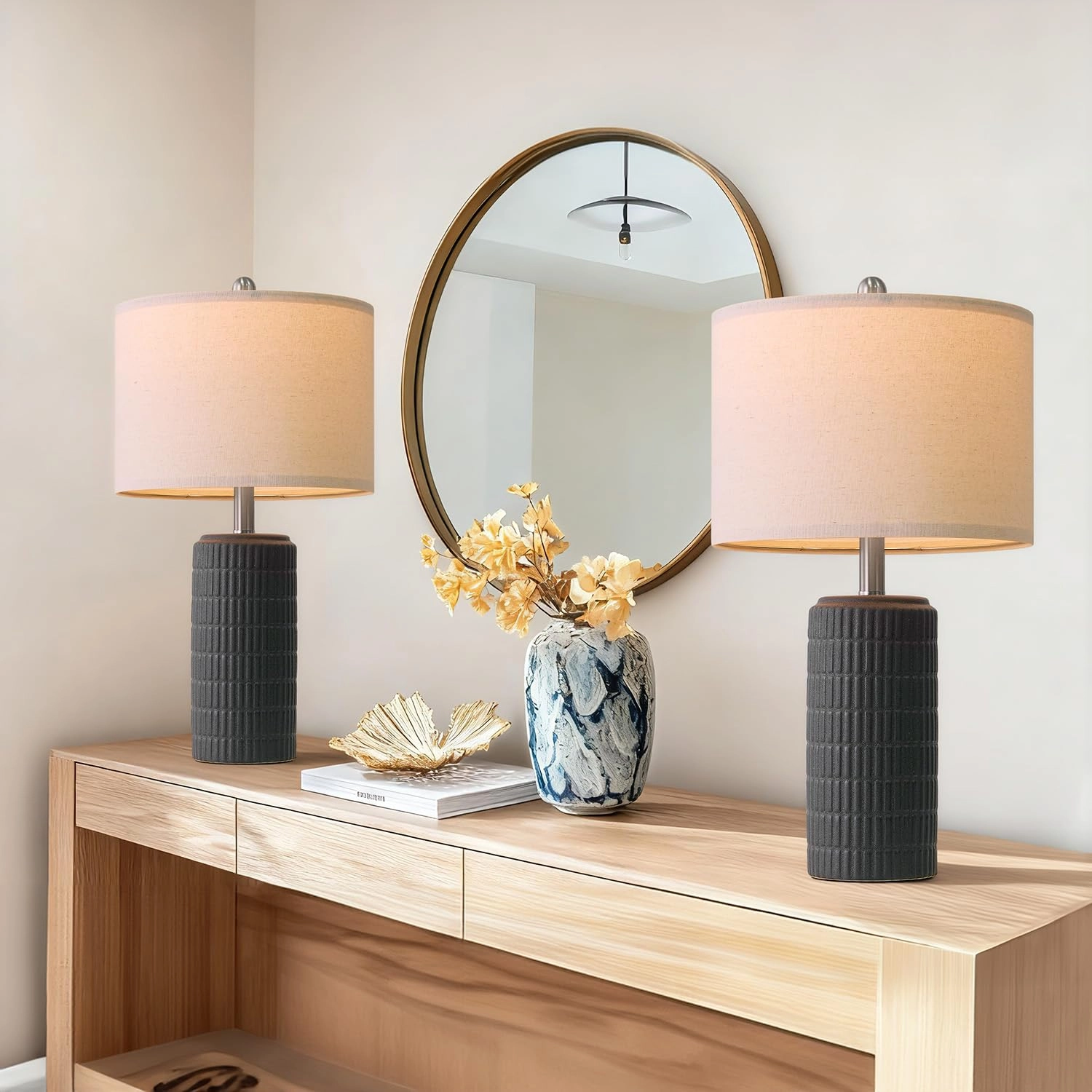 pokat Matte-Textured Ceramic Table Lamp - Set of 2 Black