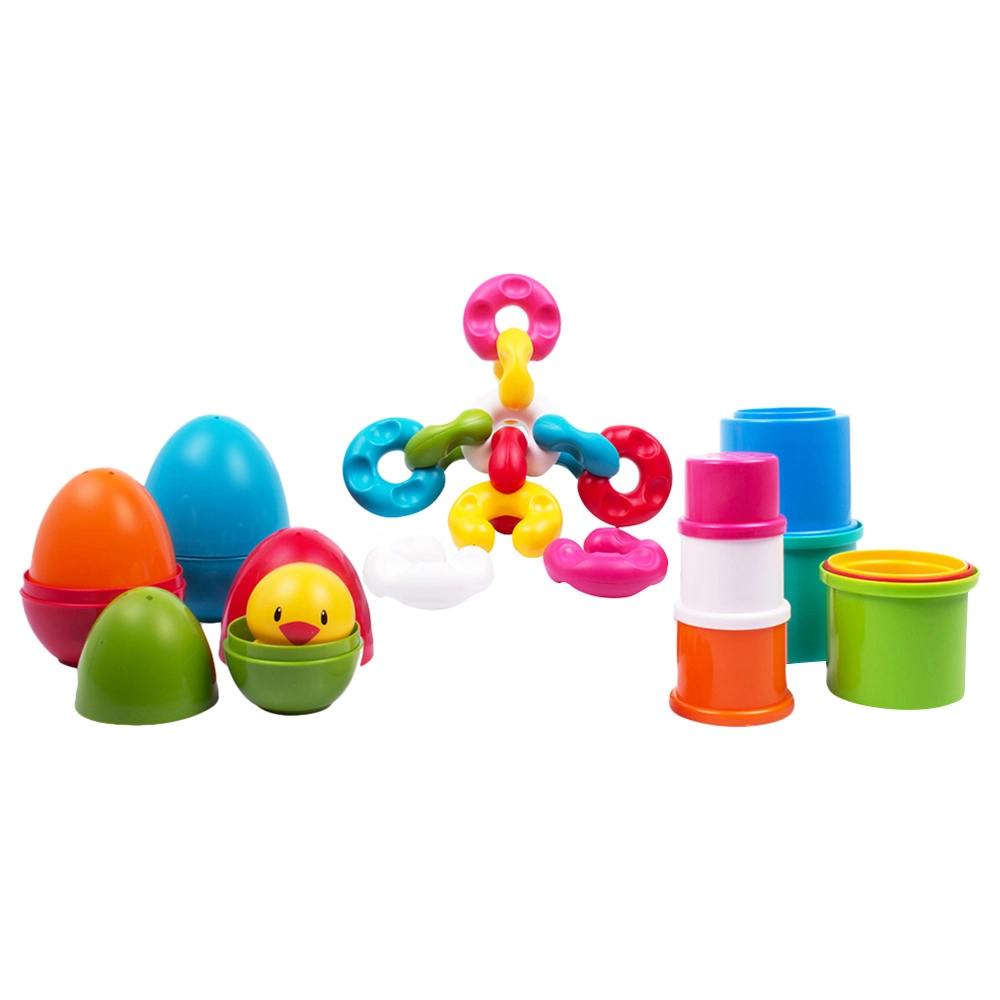 Funskool Link Stack & Nest Toy Set - 6 -18 Month with 8 Stacking drums 4 nesting eggs and 1 chick and 12 chain links