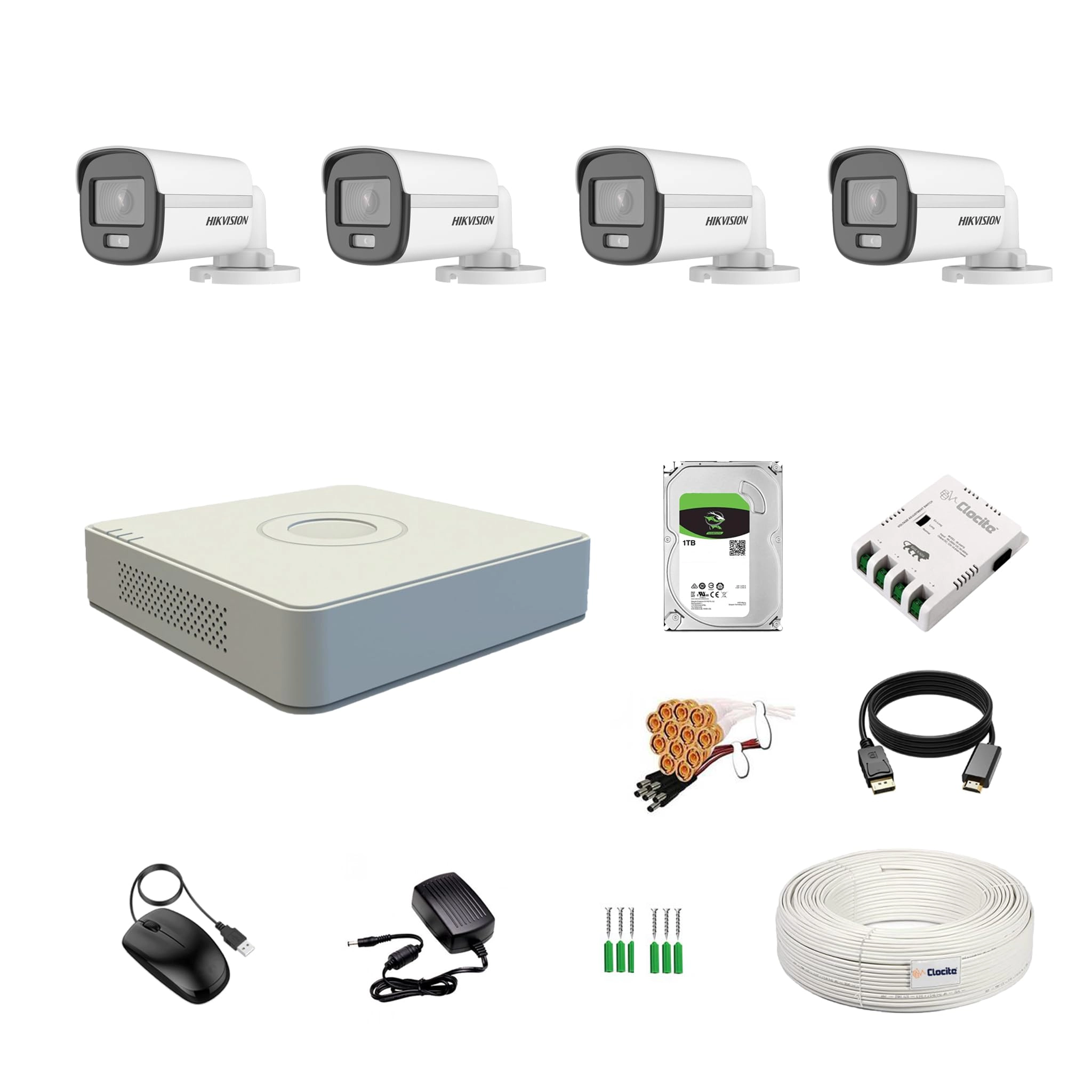 4CH DVR + 2MP Bullet Camera + 1TB Hard Disk + Cable Roll + 4CH Power Supply