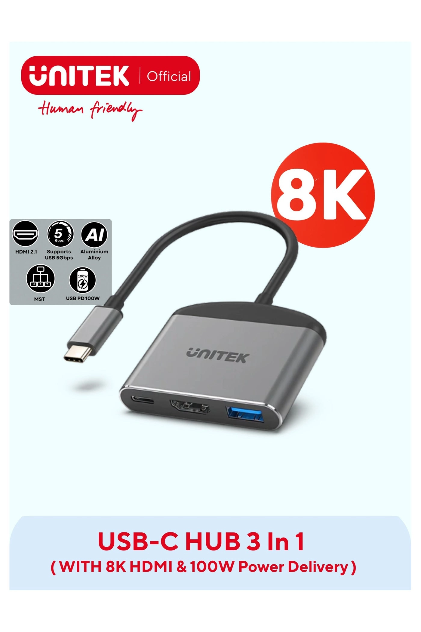 UNITEK D1102A USB-C Multiport Adapter - 8K UHD PD 100W USB-A 5Gbps