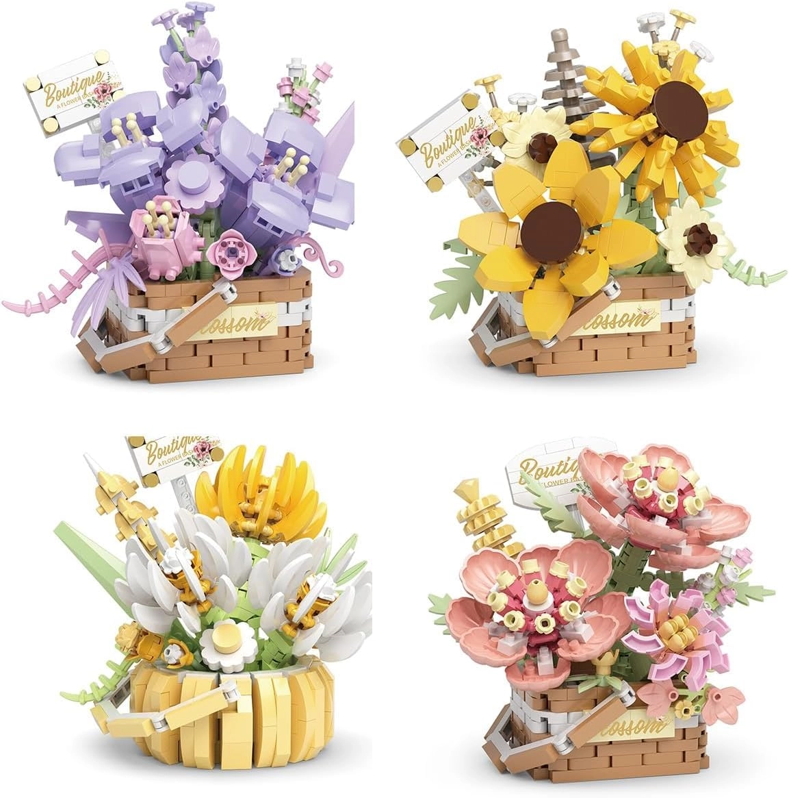 TERRIFI Miniature Flower Bouquet Building Blocks - DIY Bonsai Basket Artificial Micro Flowers 4 Sets