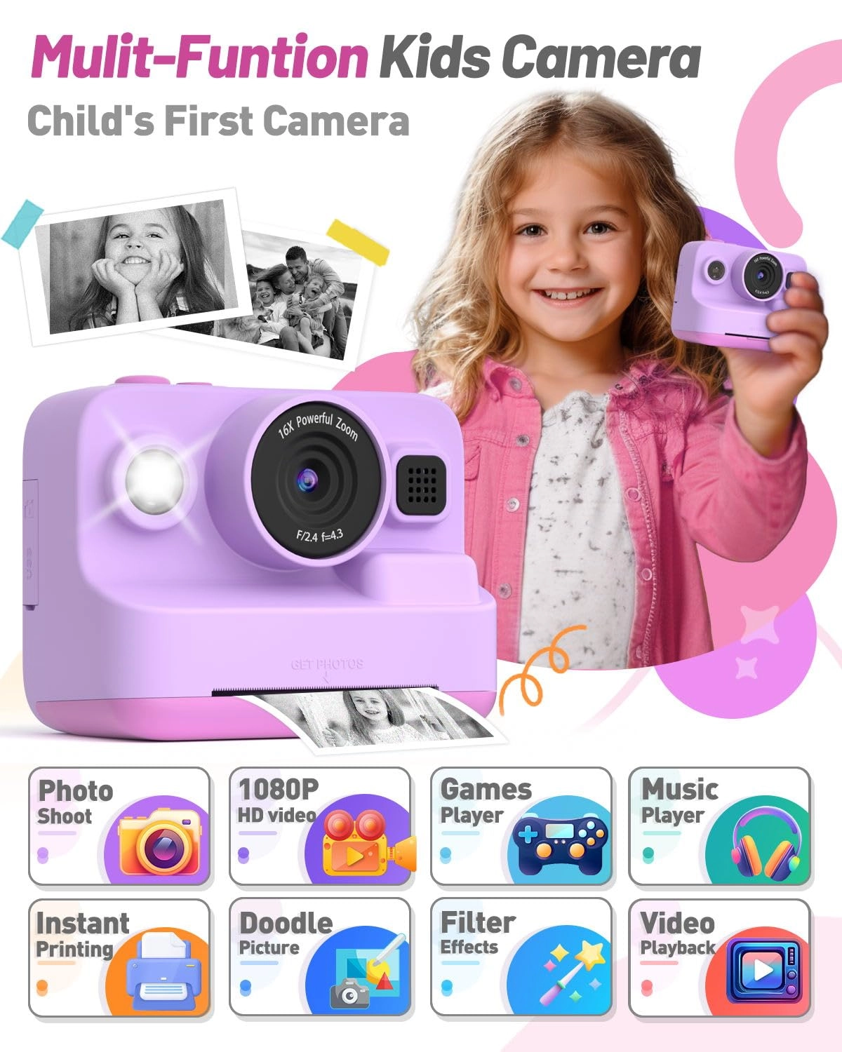 Instant Print Camera - 2.4in 1080P 32G