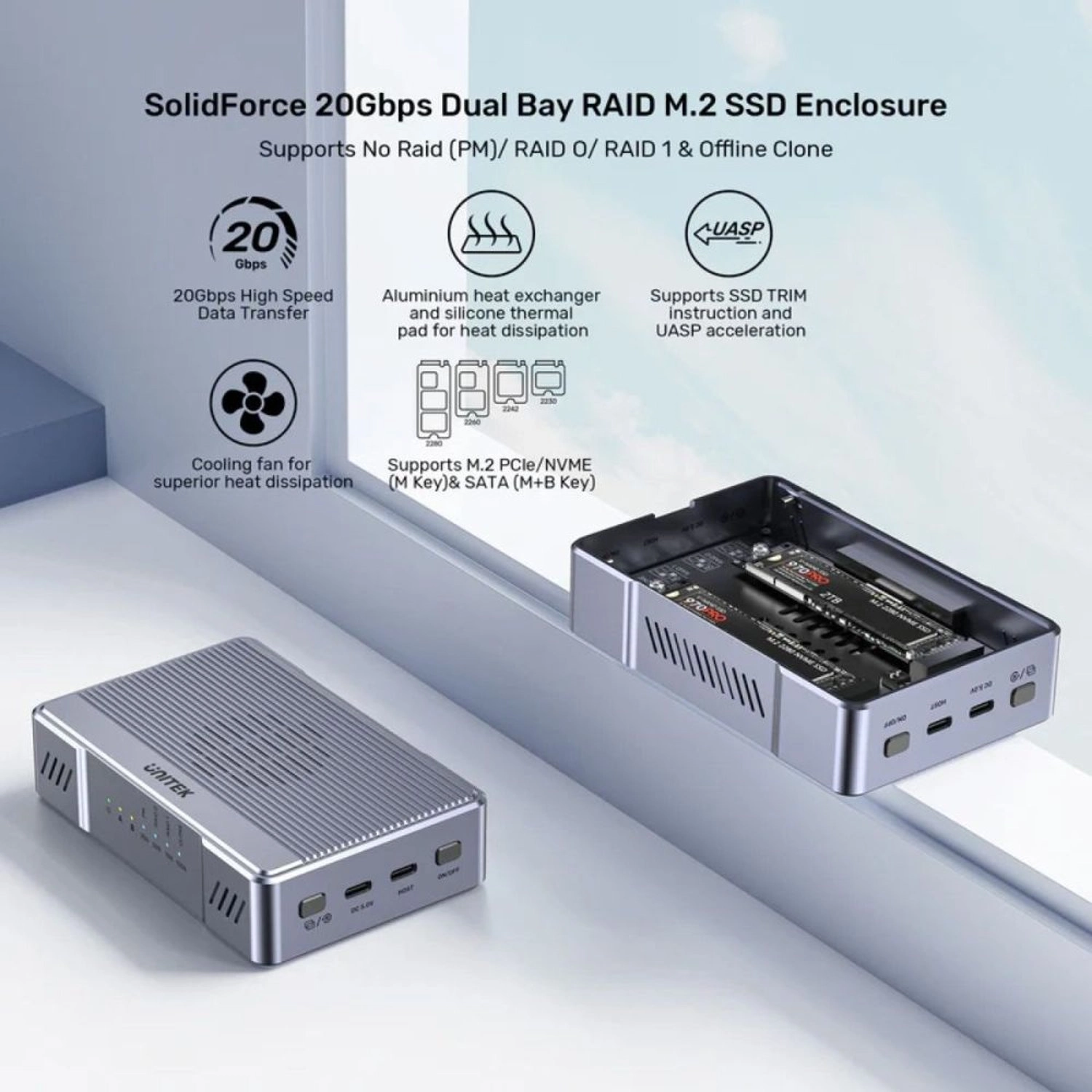 SolidForce SSD Enclosure - USB-C M.2 SSD SATA PCIe 2230/2242/2260/2280